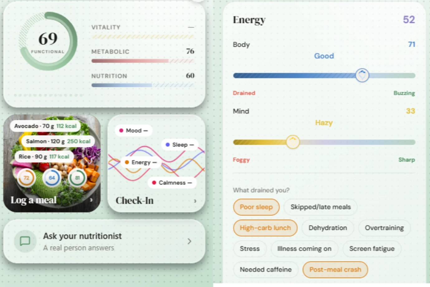 Two screens of the FunctionAlps app: a functional score with vitality, metabolic and nutrition readings beside a meal log and a daily check-in, and an energy check-in rating body and mind.