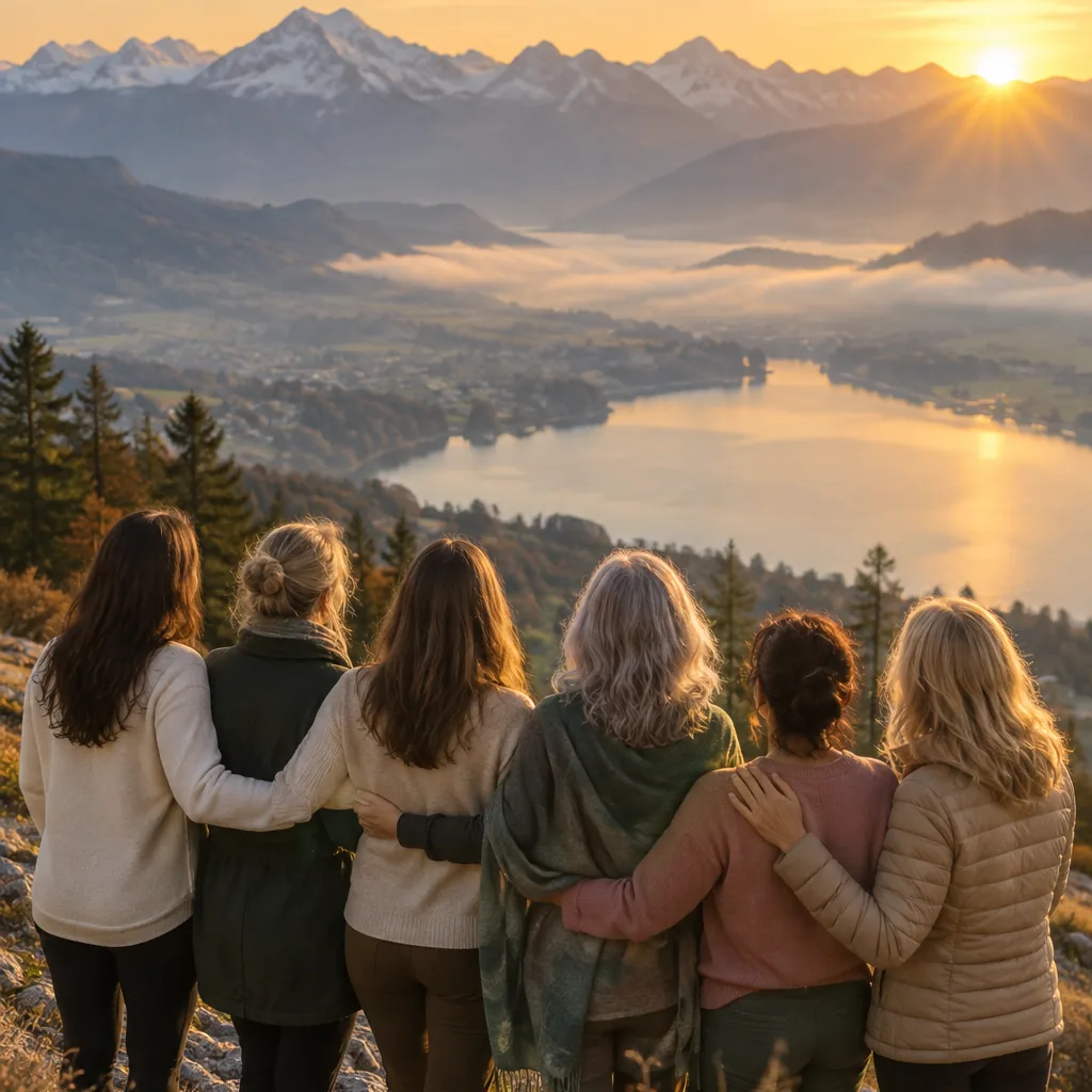Six women standing arm in arm on a ridge above an Alpine lake, watching the sun rise over the mountains.